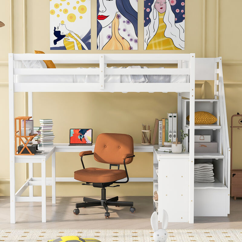 Merax Full Size Loft Bed with Built-in L-Shaped Desk and Three-Tier Storage Shelves