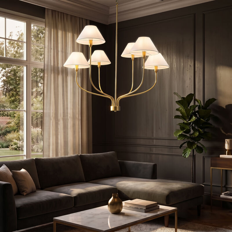 36'' 6-Light French Modern Warm Brass Curved Staggered Chandelier with White Fabric Shades for Dining Room image number 2