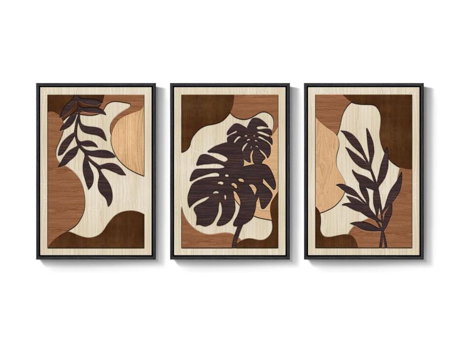Framed Textured Wood Wall Art Set of 3 Boho Botanical Leaf Decor 36x24Inch
