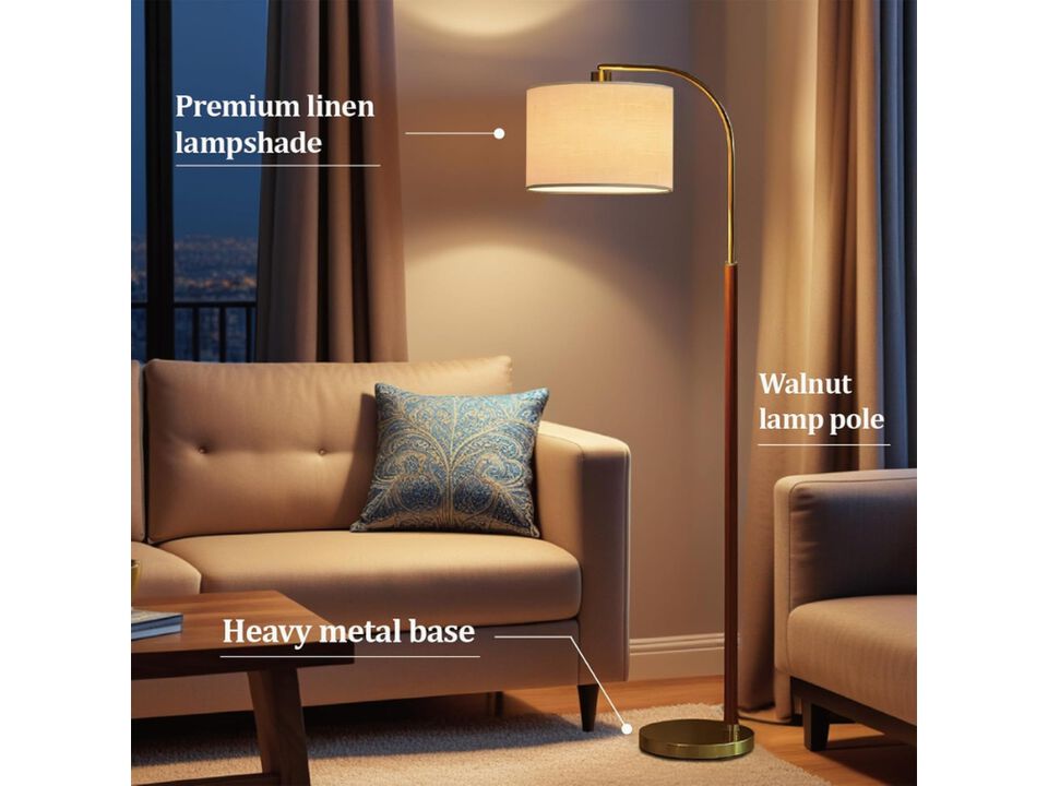 Walnut Gold Arc Floor Lamp 66 Inch Adjustable Mid Century LED Light