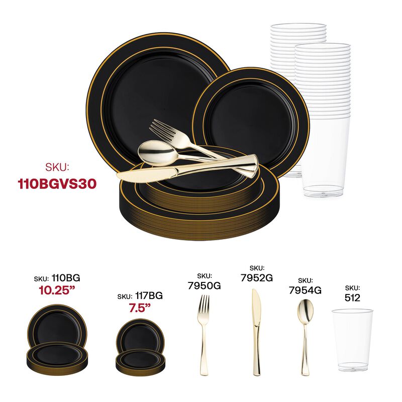 Black with Gold Edge Rim Plastic Wedding Value Set (30 Sets) image number 5