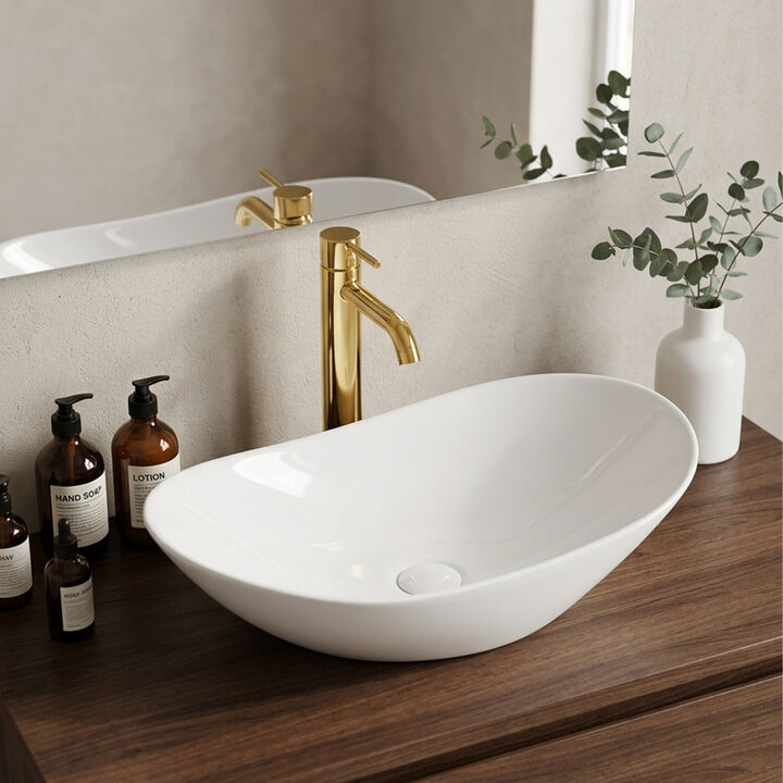 Oval Ceramic Vessel Sink, Modern Minimalist Countertop Vanity Art Basin