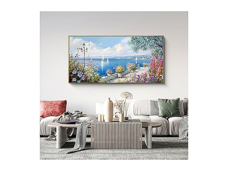 Large Coastal Wall Art Ocean Seascape Canvas Yellow Green Flowers Landscape Room