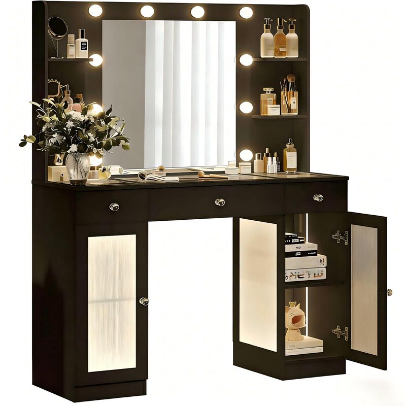 DIYSET Hollywood White Glass Top Makeup Vanity with Acrylic Cabinets and Power Outlets image number 0