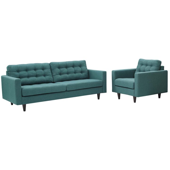 Modway Empress Mid-Century Modern Upholstered Fabric Sofa and Armchair Set in Teal