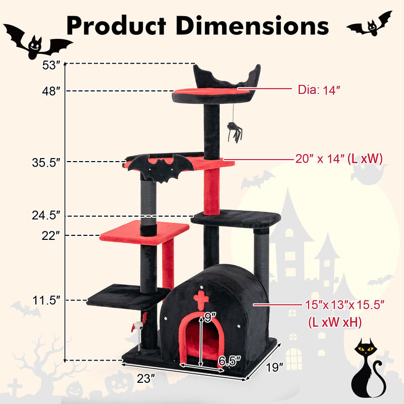 Gothic Cat Tree 53 Inch Tall Cat Tower with Cat Bed and Arch-Shaped Condo