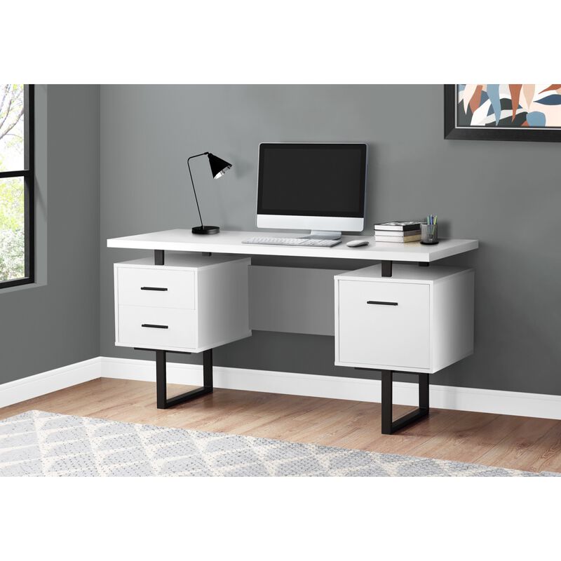 Monarch Specialties Computer Desk, Home Office, Laptop, Left, Right Set-Up, Storage Drawers, 60"L, Work, Metal, Laminate, White, Black, Contemporary, Modern