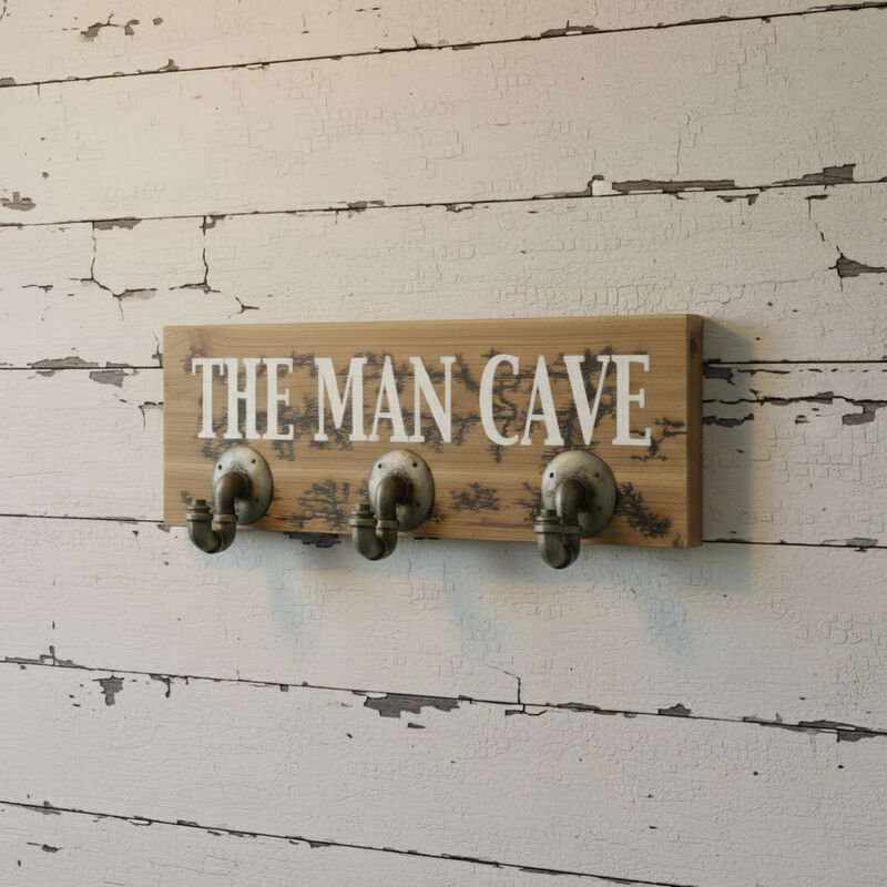 HomeRoots 12" X 27" Natural Silver And White Man Cave Metal And Wood Wall Decor With Hooks image number 1