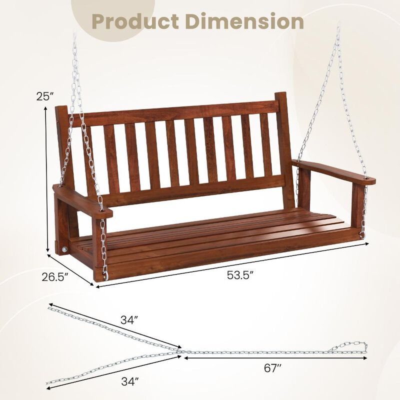 2-Person Wooden Outdoor Porch Swing with 500 lbs Weight Capacity