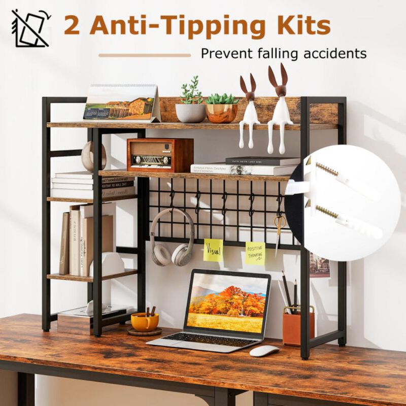 Hivvago 4-Tier Desk Shelf Desktop Display Rack with Metal Grid Panel and 6 Hooks