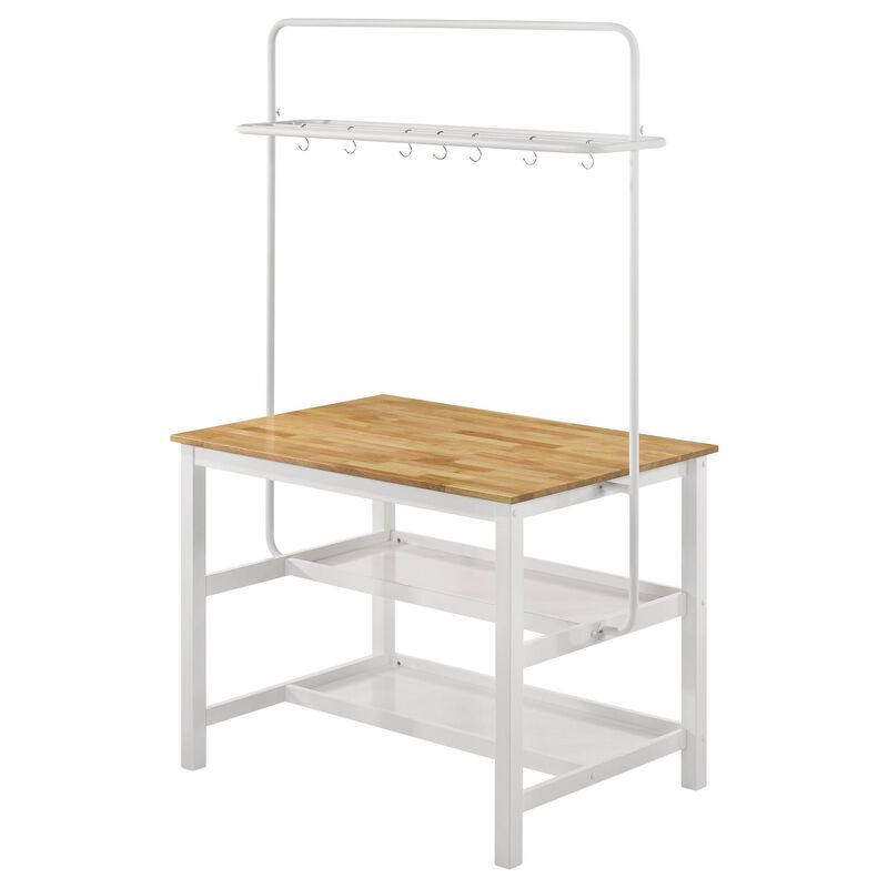 Hoa 77 Inch Counter Height Kitchen Table, Racks, Hook Stand, White Wood - Benzara