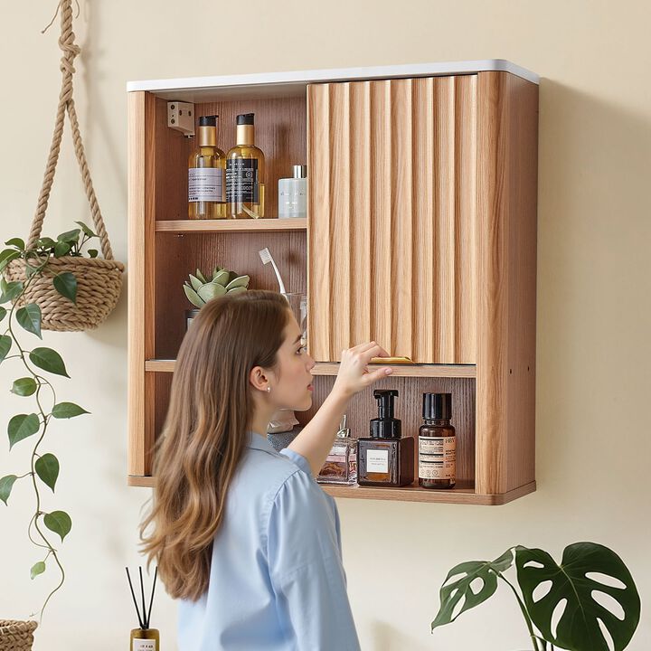 Wall Mounted Medicine Cabinet with Door, Adjustable Shelf and Open Compartments-Brown