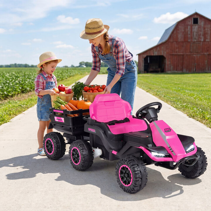 Kids 24V Electric Ride On Tractor with Trailer and Music for Outdoor Play