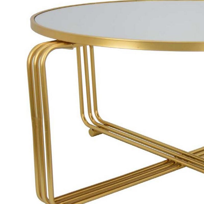 Plant Stand Coffee Table, 37 Inch Round Mirror Top, Modern Gold Metal - Benzara
