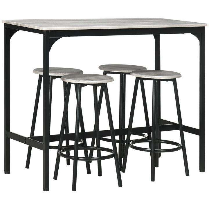 5-Piece Bar Table and Chairs Set, Industrial Space Saving Dining Table and 4 Round Bar Stools with Metal Frame for Pub, Dining Room, Gray