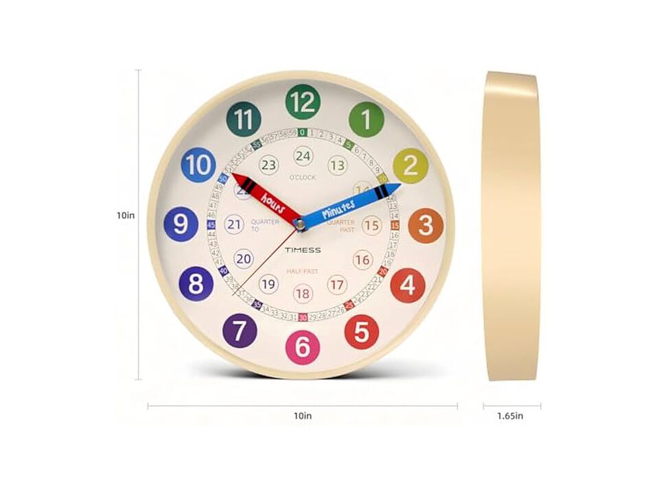 Learning Tell Time Colorful Teaching Wall Clock 10 Inch Silent Non Ticking