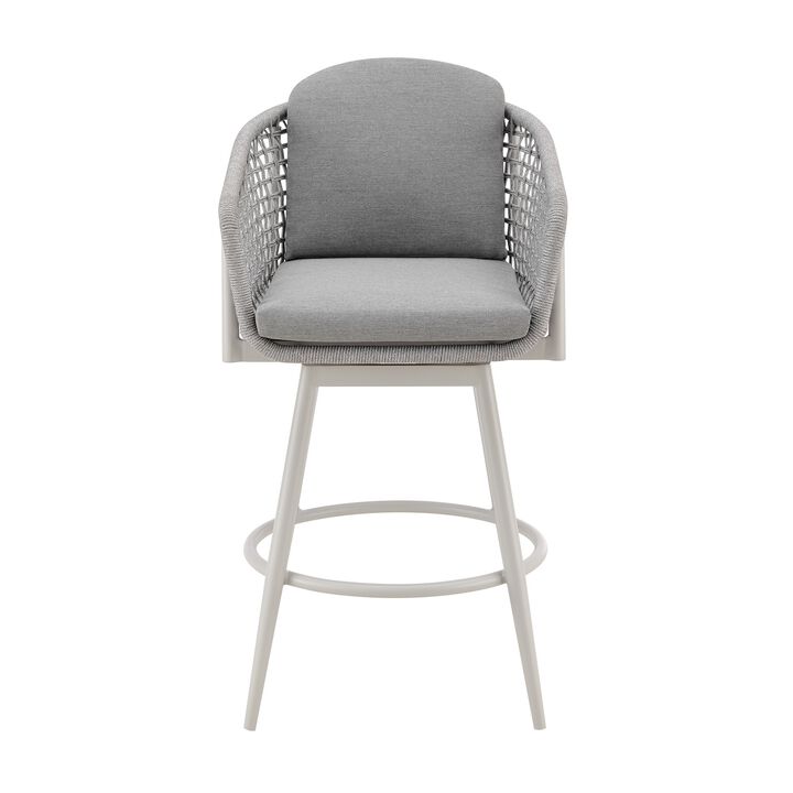 Rue 31 Inch Outdoor Swivel Barstool Chair, Mesh Woven Rope, Gray Aluminum - Benzara