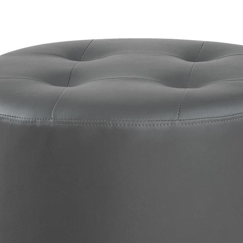 Round Leatherette Swivel Ottoman with Tufted Seat, Gray and Black-Benzara