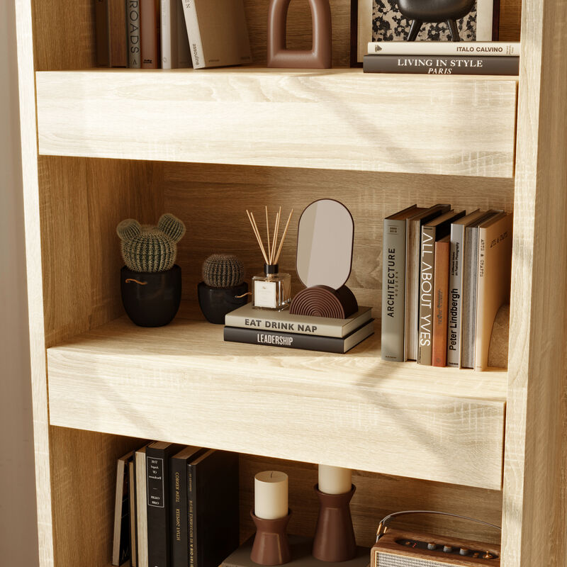 FUFU&GAGA Modern Display Shelf with Hidden Storage Drawers, 4-Tier Open Shelving Unit, Arched Painted Top & Wood Grain Finish, (31.4 in. W x 16.5 in. D x 70.1 in. H), Wood Look