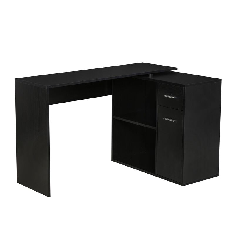 L-Shaped Corner Workstation: Black, Rotating Shelves, Drawer