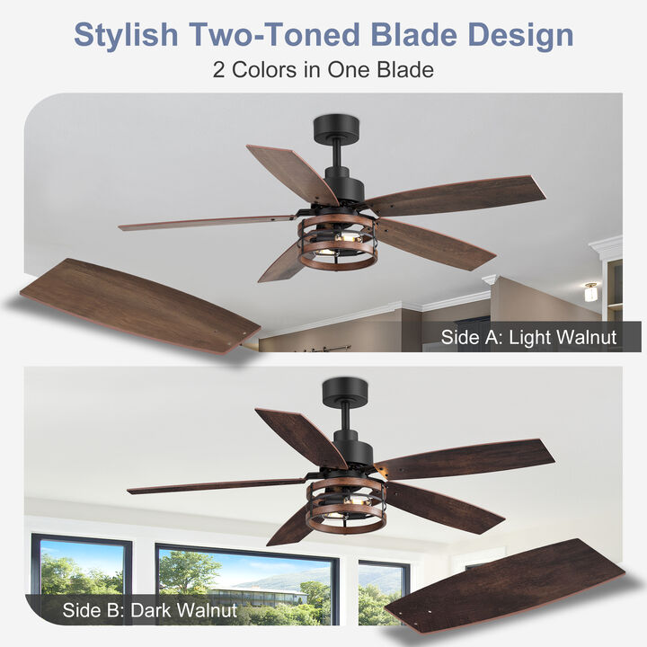 Breezary 52" Ceiling Fan with Light, 5 Plywood Blades, E26 2-Light, 6 Speeds, Remote Control