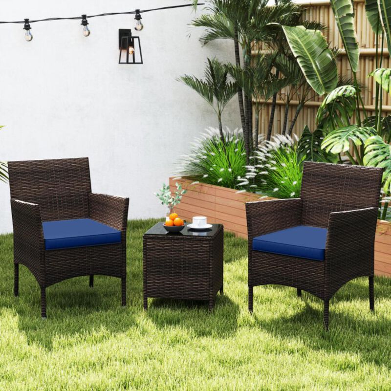 Hivvago 3 Pieces Outdoor Conversation Set with Cushioned Seat and Glass Tabletop