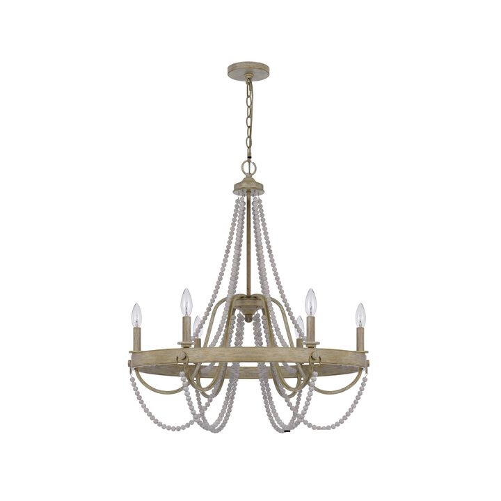 Maci 28 Inch Chandelier, White Beaded Candelabra Design, Brown Wood - Benzara