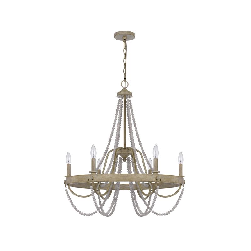 Maci 28 Inch Chandelier, White Beaded Candelabra Design, Brown Wood - Benzara