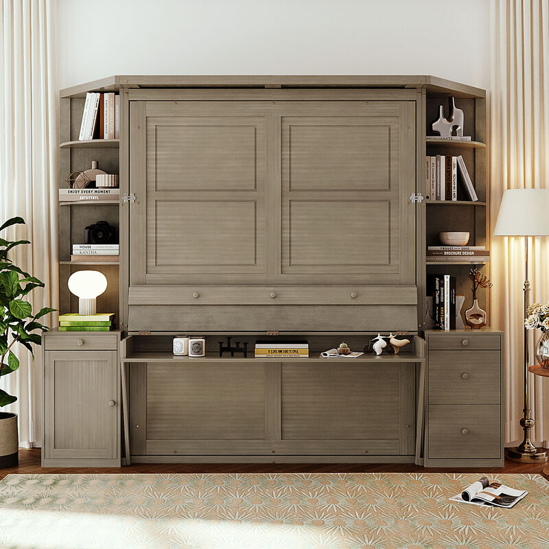 Merax Queen Murphy Bed with Desk, Storage Shelves and Cabinets image number 1