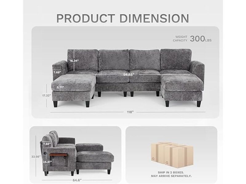 Sectional Sofa &ndash; 118" Grey Modular Cloud Couch with USB Ports, Side Table & Ottomans image number 2