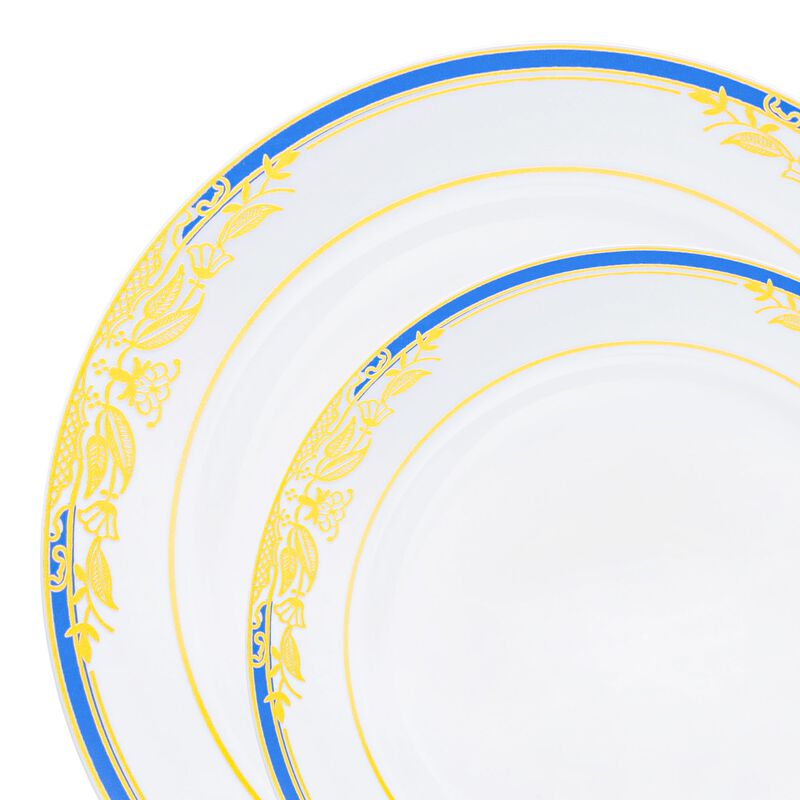 White with Blue and Gold Harmony Rim Plastic Dinnerware Value Set (40 Sets) image number 9