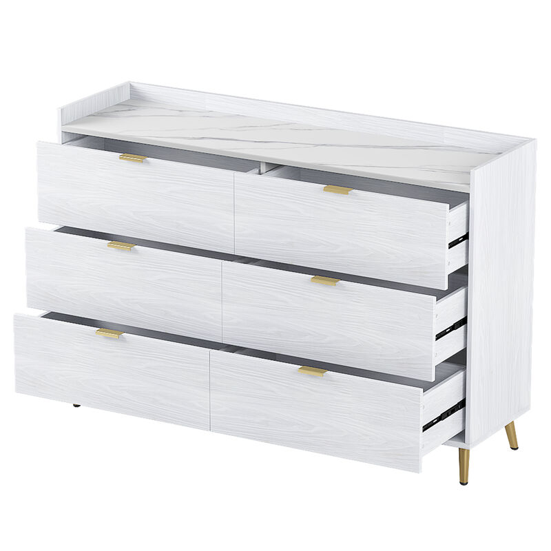 Streamdale 6-drawer marble top dresser, modern white cabinet
