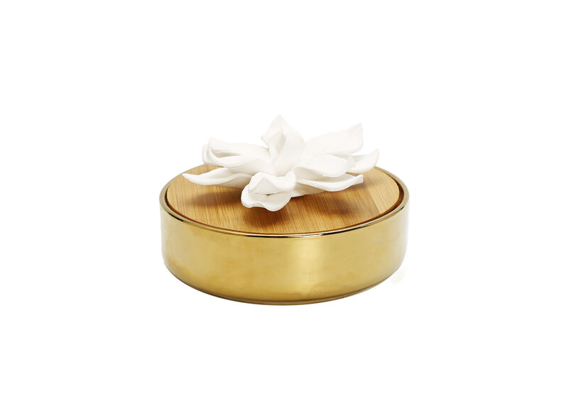Gold Hemispheric Shaped Diffuser With White Flower, “Lily Of The Valley” Aroma