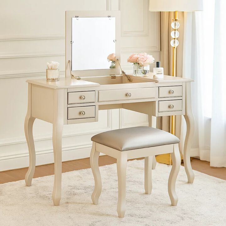 Cherub Vanity Set Featuring Stool And Mirror Silver
