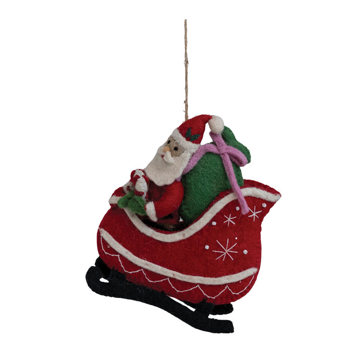 Embroidered Wool Felt Santa Sleigh Ornament with Metallic String
