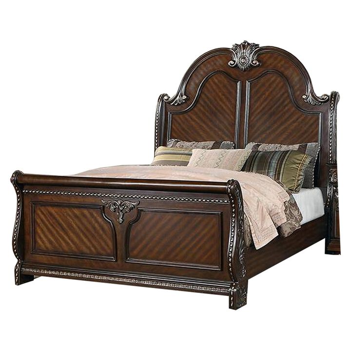 Qoz Wood Queen Size Bed with Carved Trim, Scalloped Headboard, Brown  - Benzara