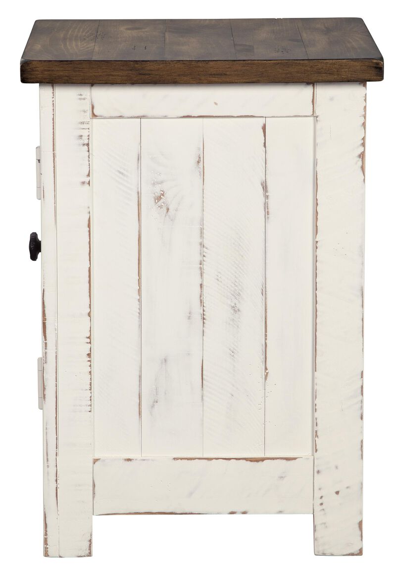 Two Tone Chair Side End Table with Wire Metal Grill Cabinet,Brown and White