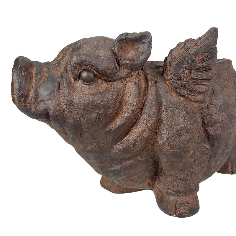 Flying Pig Planter 17" Brown, With Drain Hole, Rustic Indoor Outdoor Decor image number 2