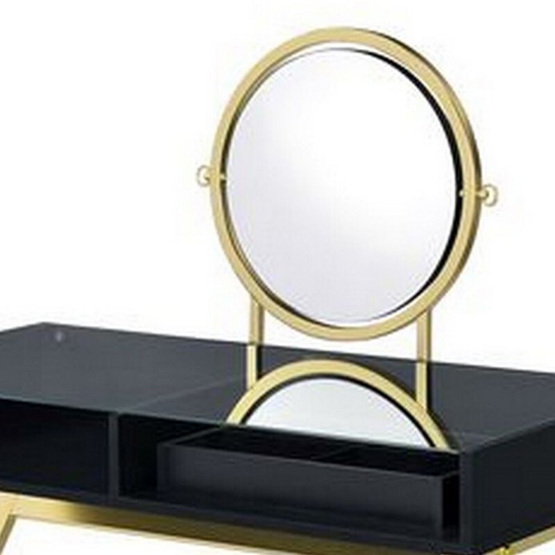 Vanity Desk with Round Mirror and Cross Metal Legs, Black and Gold-Benzara