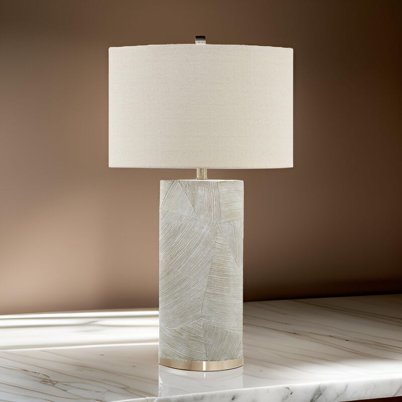 Bard 30 Inch Table Lamp, Accent Cylindrical Base, Ivory Oval Fabric Shade - Benzara