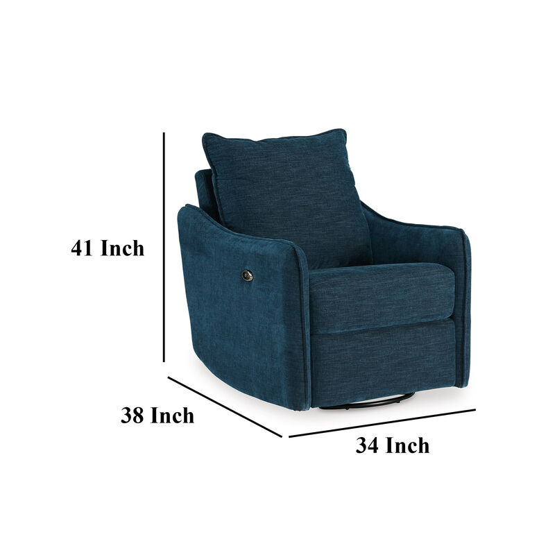 Bradley Swivel Power Recliner Chair, Dark Blue Polyester, Pillow Back - Benzara