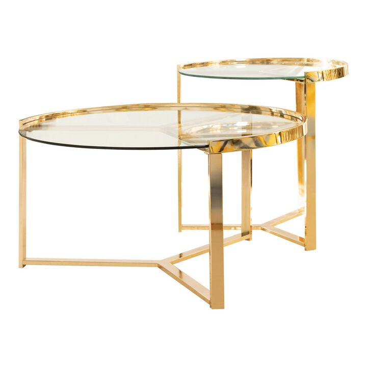 23 Inch Round Nesting Accent Tables, Glass Top, Metal Base, Set of 2, Gold-Benzara