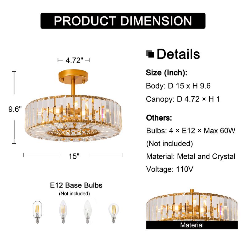 Sonia 15" 4- Light Clear Crystal Glass Round Drum Semi-Flush Mount - Low-gloss Warm Brass Finish image number 6