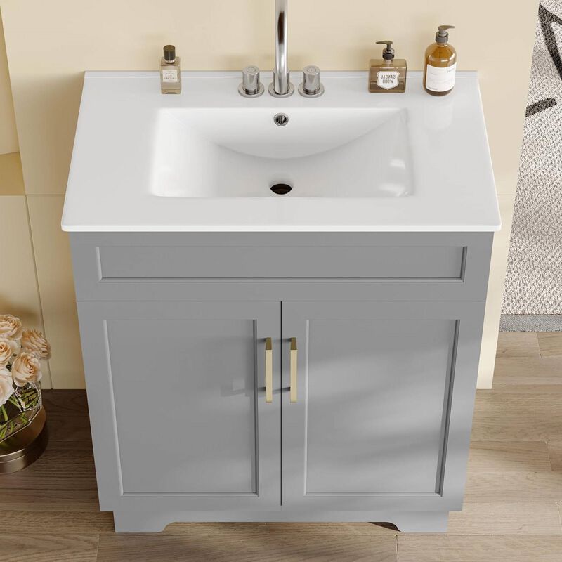 Modern Bathroom Vanity with Wood Finish and Ceramic Sink for Small Spaces image number 1