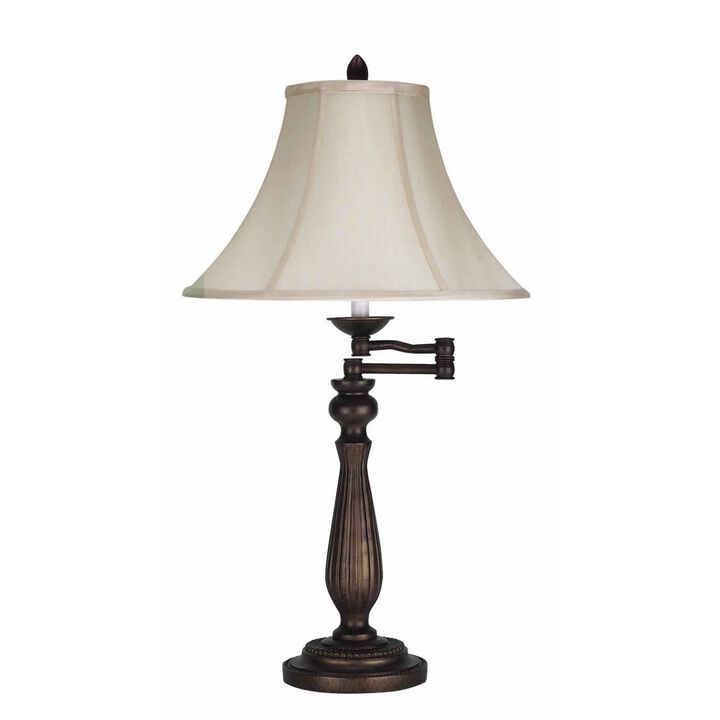 Swing Arm Metal Body Table Lamp with Fabric Bell Shade, Bronze and Beige - Benzara