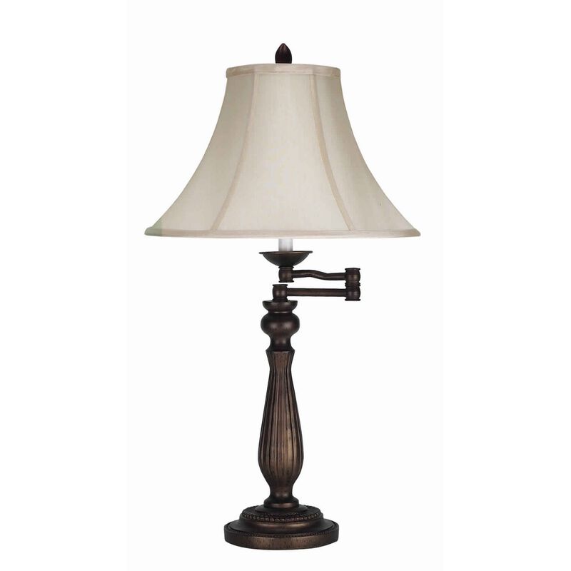 Swing Arm Metal Body Table Lamp with Fabric Bell Shade, Bronze and Beige - Benzara