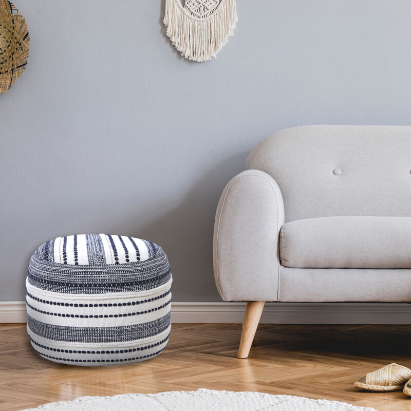 Hivvago 18 Inch Blue Cotton Cylinder Striped Pouf Ottoman