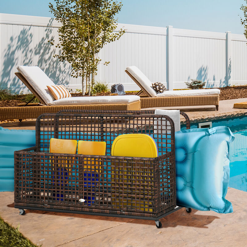 Outsunny Patio Wicker Pool Float Storage with Wheels, Outdoor Rolling PE Rattan Pool Caddy,  Includes Compartment and Basket, for Pool, Garden, Deck, Mixed Brown
