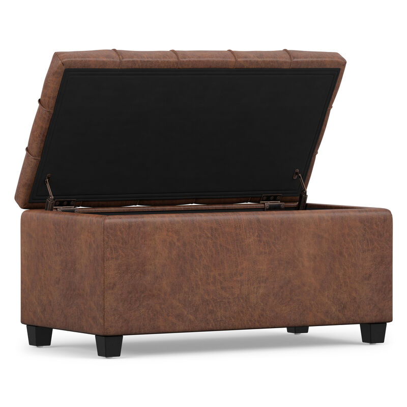 Sienna 33 inch Wide Transitional Rectangle Storage Ottoman Bench in Distressed Saddle Brown Vegan Faux Leather, Assembled image number 3