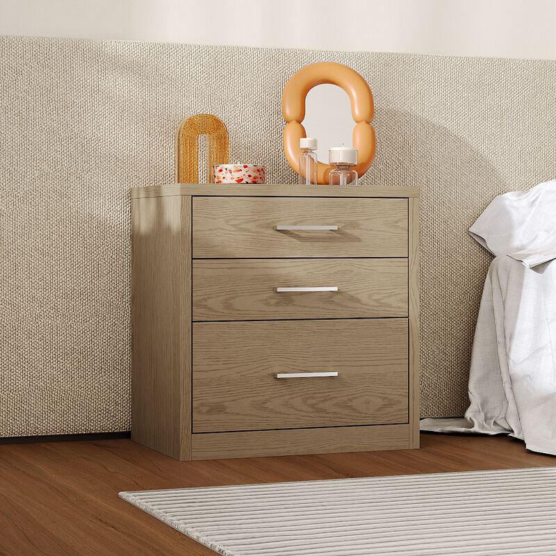 FUFU&GAGA Thickened 3-Drawer Nightstand with Hidden Storage, Bedside Table & Desk Side Cabinet, Textured Wood Grain, Silver Metal Brushed Handles (24.8 in. W x 23.6 in. D x 15.7 in. H), Khaki Brown